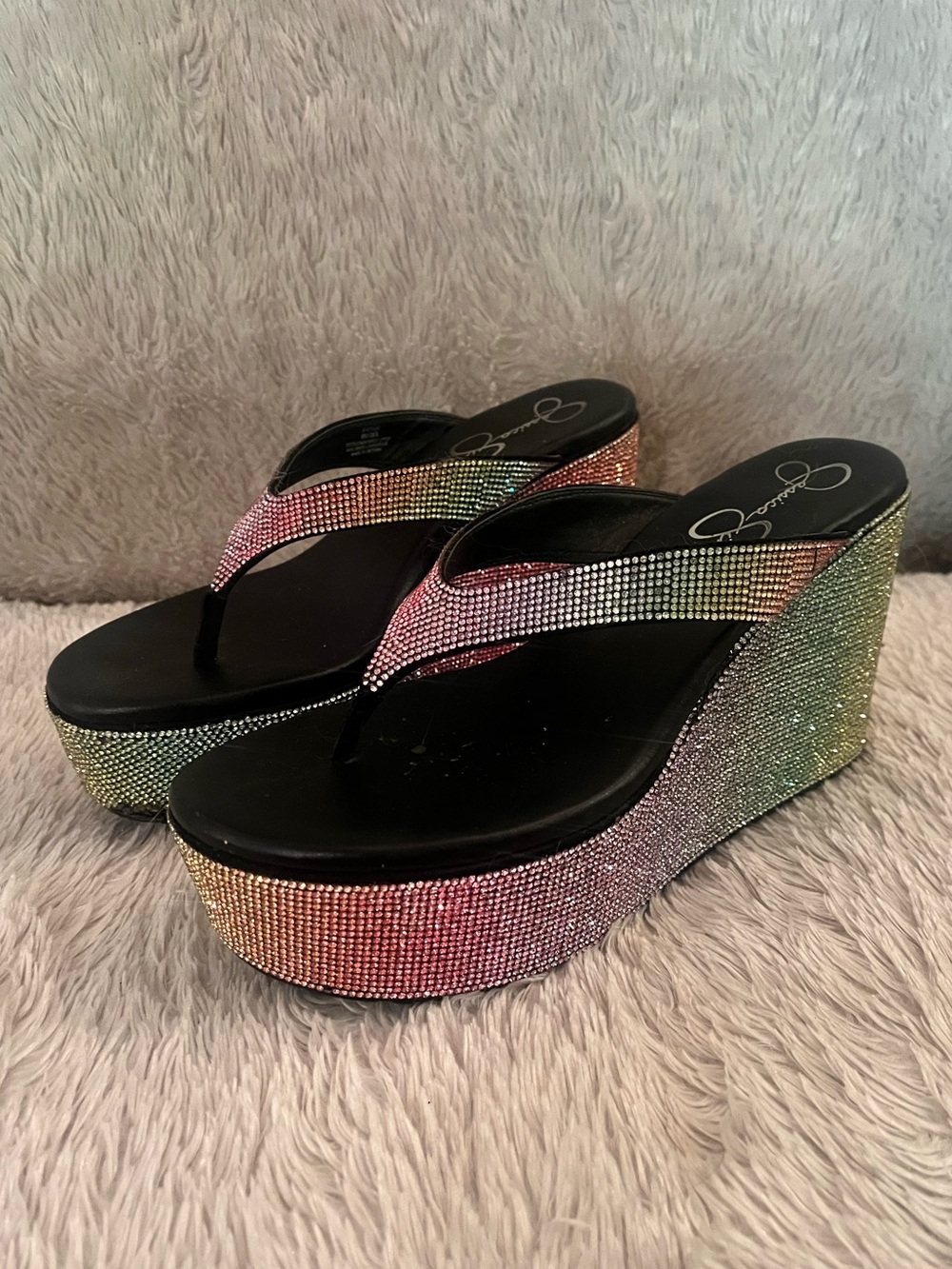 Jessica Simpson Rainbow Crystal Wedge Flip Flops